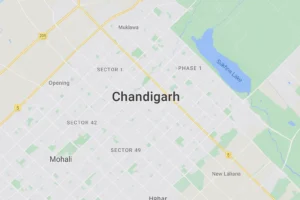 Map showing Chandigarh, Mohali, Sukhna Lake, and nearby sectors