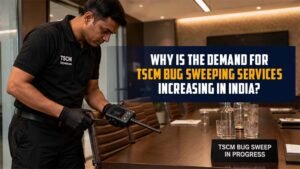 TSCM expert performing bug sweeping service in a conference room in India