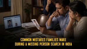 Family reviewing a missing person's photograph during a missing person search investigation in India