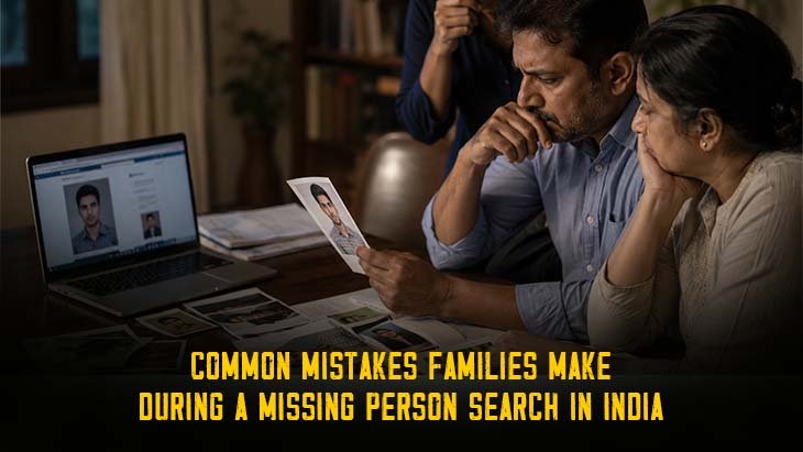 Family reviewing a missing person's photograph during a missing person search investigation in India