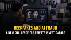 Private investigator analyzing deepfake video and AI fraud using digital forensic software