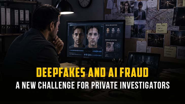 Private investigator analyzing deepfake video and AI fraud using digital forensic software